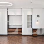 Шкаф в гостиную в стиле хай-тек цвета Диамант серый / Белый глянец, Дуб хантон темный (6 дверей) Фото 3